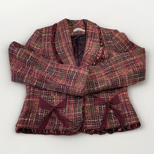 Canvasbacks Women's Tweed Jacket Burgundy Plaid Ruffle Trim Vintage Style